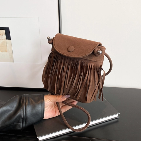 Vintage Bohemian Fransen Umhängetasche Damen Wildlederimitat Quaste Kleine Quadratische Schultertasche Ethnisch Western Cowboy Tasche