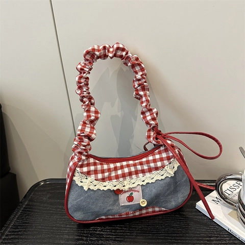 Borsa Tote da Donna alla Moda in Denim Patchwork a Quadri con Bordo in Pizzo Borsa a Tracolla Ricamo Gatto del Fumetto Borsa di Tela Dolce Borsa Sottobraccio