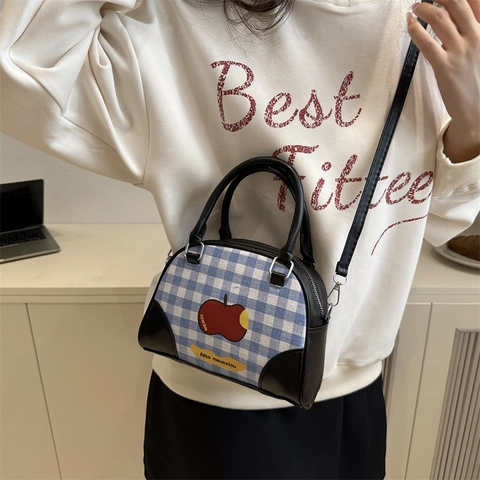 Borsa Boston da Donna a Quadretti Moda Stampa Mela Rossa Borsa a Tracolla in Pelle Sintetica Piccola Borsa Bauletto Quotidiana