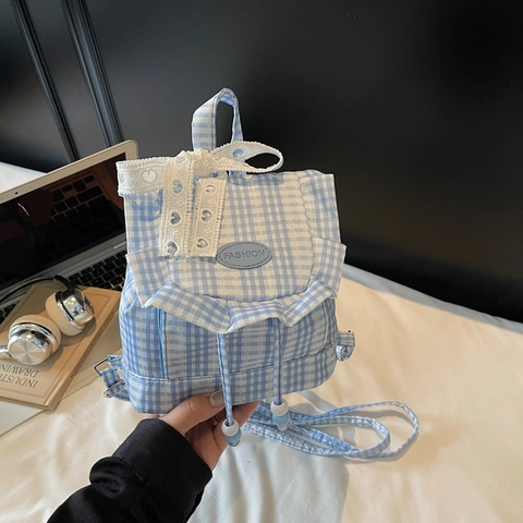 Mochila Mini Gingham para Mujer Estilo Coreano Dulce Decoración de Lazo de Encaje y Volantes Bolso de Lona a Cuadros