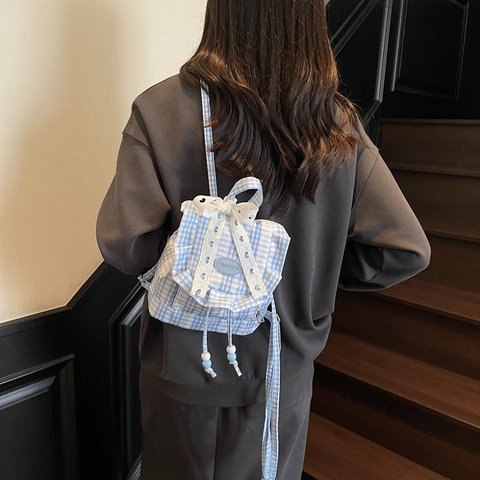 Mochila Mini Gingham para Mujer Estilo Coreano Dulce Decoración de Lazo de Encaje y Volantes Bolso de Lona a Cuadros