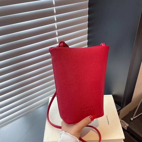 Vintage PU Leather Bucket Bag For Women Minimalist Litchi Grain Small Shoulder Bag Crossbody Phone Bag Fashion Daily Handbag