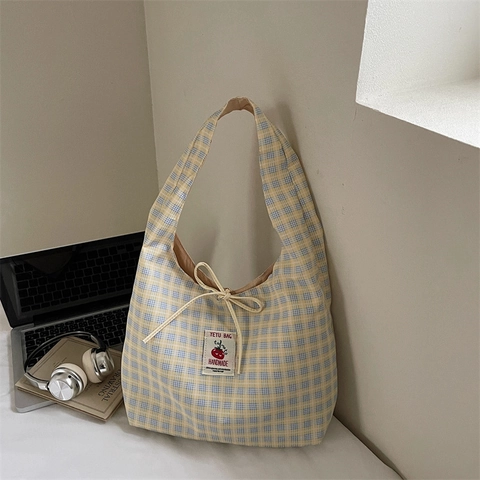 Women Plaid Large Capacity Tote Bag With Drawstring Bow And Tomato Patch Casual Shoulder Bag For Student Commuting Fabric Handbag
