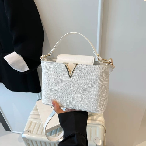Bolso de Mano de Moda para Mujer de Cuero PU con Textura Tejida Hebilla en V Color Sólido Bolso Bandolera para Viaje