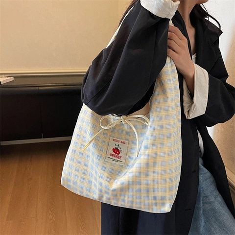 Women Plaid Large Capacity Tote Bag With Drawstring Bow And Tomato Patch Casual Shoulder Bag For Student Commuting Fabric Handbag