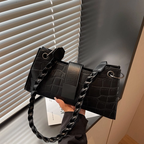 Damen Krokodilmuster PU Leder Unterarmtasche Mode Schwarz Schultertasche Geflochtener Riemen Kleine Quadratische Umhängetasche