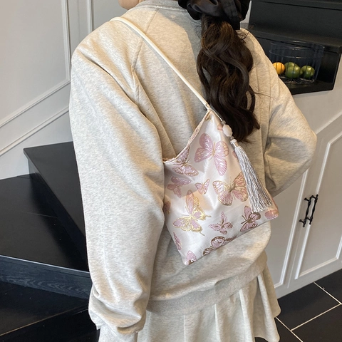 Neuer Chinesischer Stil Jacquard Umhängetasche Für Damen Vintage Landschaft Schmetterling Stickerei Tragetasche Mit Quaste Elegante Handtasche