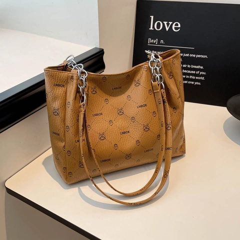 Borsa Tote da Donna in Pelle PU con Stampa Retrò Grande Capacità Borsa a Tracolla Casual con Catena e Motivo a Coniglio