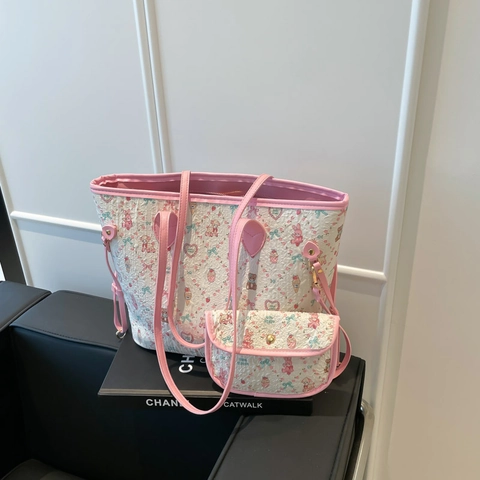 Borsa Tote da Donna in Pelle PU con Stampa Cartoon Borsa a Tracolla di Grande Capacità con Pochette Set da Due Pezzi per Pendolari