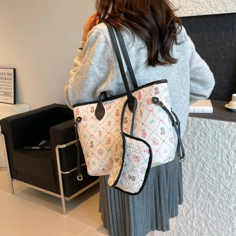 Women Cute Cartoon Puppy Bear Print PU Leather Tote Bag Large Capacity Casual Shoulder Handbag With Small Coin Pouch