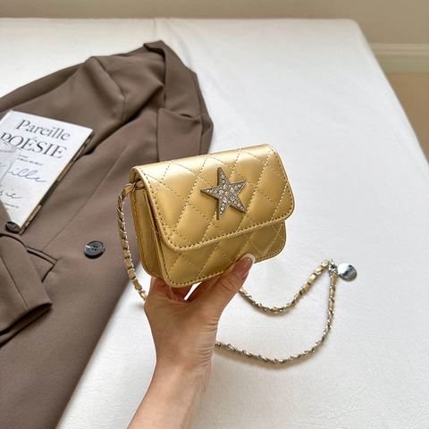 Borsa a Tracolla Trapuntata in Pelle PU da Donna Con Stella di Strass Catena Piccola Borsa a Tracolla Quadrata Moda