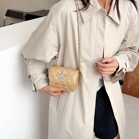 Borsa a Tracolla Trapuntata in Pelle PU da Donna Con Stella di Strass Catena Piccola Borsa a Tracolla Quadrata Moda