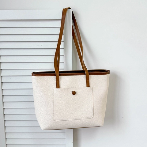 Women Large Capacity PU Leather Tote Bag Minimalist Contrast Color Shoulder Bag Commuter Handbag With Outer Pocket