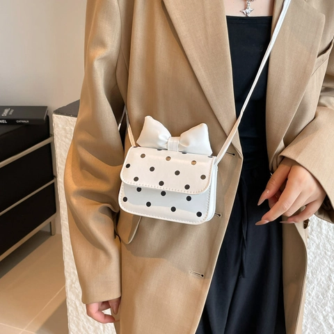 Mini Polka Dot Crossbody Bag With Large Bow Synthetic Leather Small Square Shoulder Bag For Women Sweet Fashion Handbag