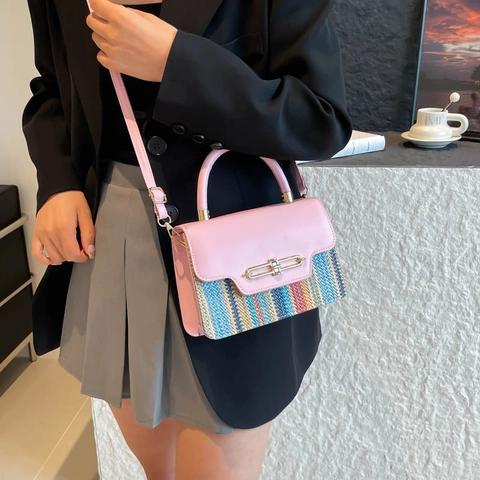 Modieuze Geweven Stro PU Leer Crossbodytas Voor Dames Niche Design Handtas Met Metalen Gesp Gestreepte Contrastkleur Schoudertas
