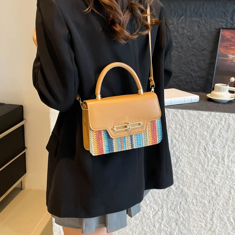 Γυναικεία Μόδα Patchwork PU Δερμάτινη Τσάντα Crossbody Πολύχρωμη Πλεκτή Μικρή Τετράγωνη Τσάντα Μετακίνηση Κομψή Τσάντα Ώμου