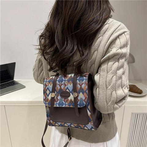 Dames Retro Geometrisch Diamant Patroon Rugzak PU Leer Patchwork Kleine Multifunctionele Modieuze Schoudertas Voor Dagelijks Gebruik