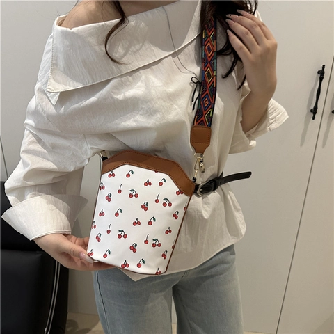 Women Korean Style PU Leather Cherry Print Bucket Bag Fashion Crossbody Bag With Ethnic Geometric Wide Strap Casual Shoulder Bag