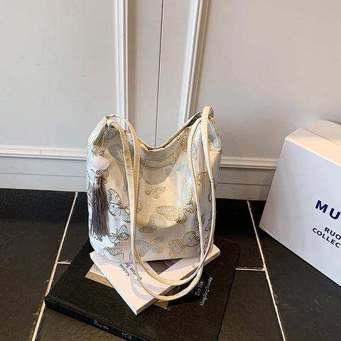Borsa a Spalla da Donna Ricamata con Farfalle in Raso Borsa Sottoascella Elegante Stile Orientale per Feste e Uso Quotidiano