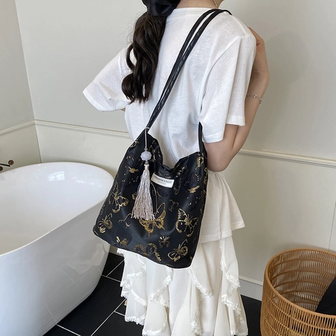 Borsa a Spalla da Donna Ricamata con Farfalle in Raso Borsa Sottoascella Elegante Stile Orientale per Feste e Uso Quotidiano
