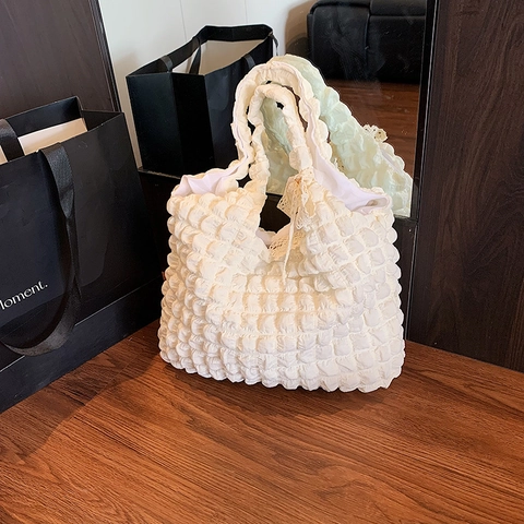 Women Popcorn Fabric Tote Bag Lace Bow Shoulder Bag Large Capacity Polyester Foldable Shopping Bag Street Fashion Handbag