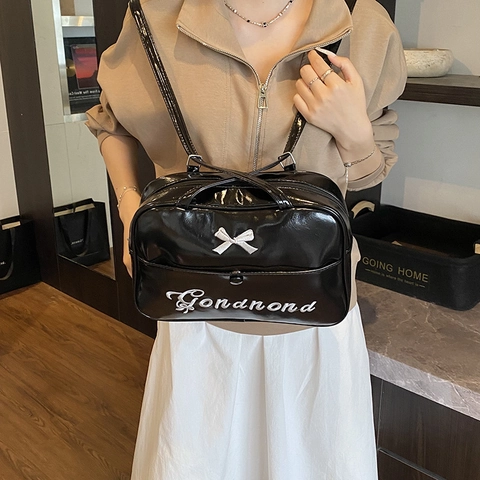 Borsa a Spalla da Donna in Pelle PU Grande Capacità Ricamo Fiocco Dolce Borsa Tote Casual Moda per Scuola Lavoro