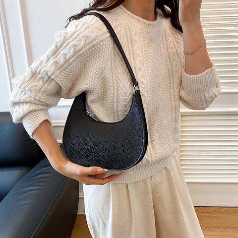 Borsa a Tracolla Hobo da Donna in Pelle PU con Texture Litchi a Mezzaluna Borsa Sotto l'Ascella con Cerniera Casual Quotidiana