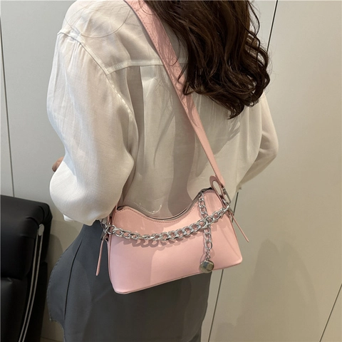 Bolso Hobo de Cuero PU de Tendencia para Mujer Bolso de Axila de Color Sólido Con Cadena de Metal Gruesa Bolso de Hombro Elegante
