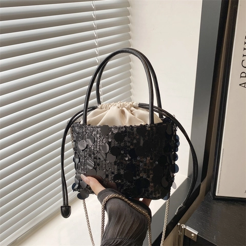 Damen Mode Pailletten Beuteltasche Umhängetasche Glänzende Pailletten Kordelzug Schultertasche Gesteppte PU Leder Handtasche Party