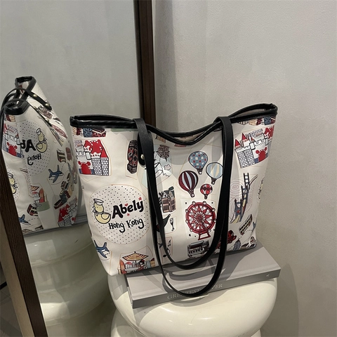 Borsa Tote da Donna in Pelle PU Grande Capacità Stampa Cartone Animato Paesaggio Urbano Borsa a Spalla Casual Viaggio Pendolarismo
