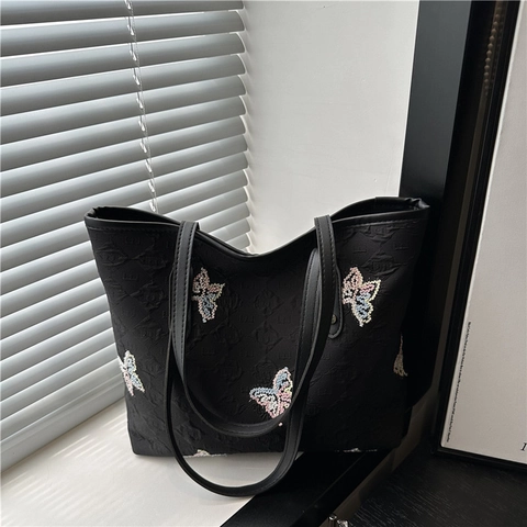 Fashion Butterfly Embroidered Tote Bag For Women Summer PU Large Capacity Shoulder Bag Sequin Contrast Color Casual Handbag