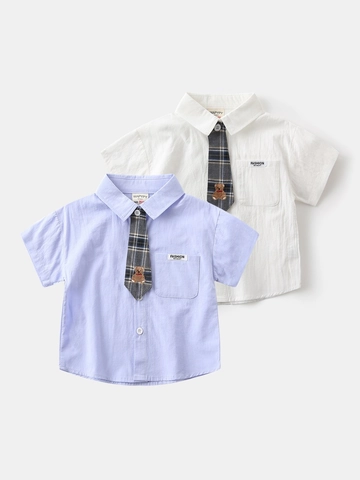 Boys Cotton Short Sleeve Shirt With Plaid Tie Bear Embroidery British Gentleman Style Kids Summer Formal Top