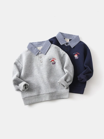 Boys Fake Two Piece Sweatshirt Cotton Blend Polo Collar Long Sleeve Pullover Cartoon Puppy Embroidery Fashion Kids Top