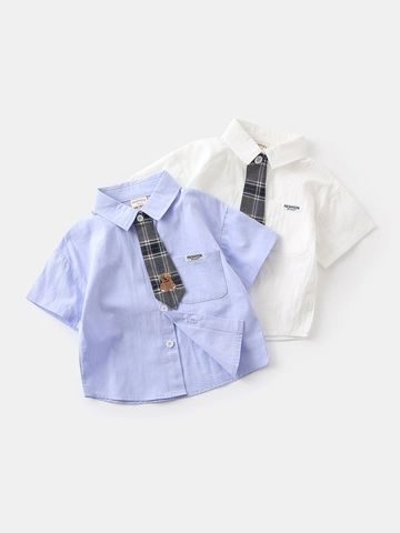 Boys Cotton Short Sleeve Shirt With Plaid Tie Bear Embroidery British Gentleman Style Kids Summer Formal Top