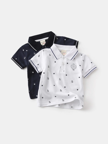 Polo in Cotone Casual per Bambini Manica Corta Barca a Vela Stella Stampa Nautica Striscia a Contrasto Top Estivo