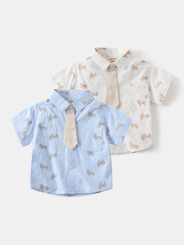 Camicia da Bambino Estiva in Cotone a Maniche Corte Con Cravatta Stampa di Cavallo a Pois Casual Divisa Scolastica Top