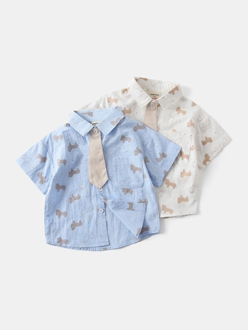 Camicia da Bambino Estiva in Cotone a Maniche Corte Con Cravatta Stampa di Cavallo a Pois Casual Divisa Scolastica Top