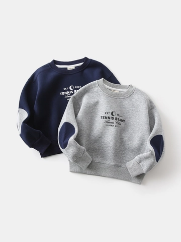 Felpa da Bambino in Misto Cotone con Stampa Tennis Pullover a Maniche Lunghe con Toppe sui Gomiti a Contrasto Sportivo