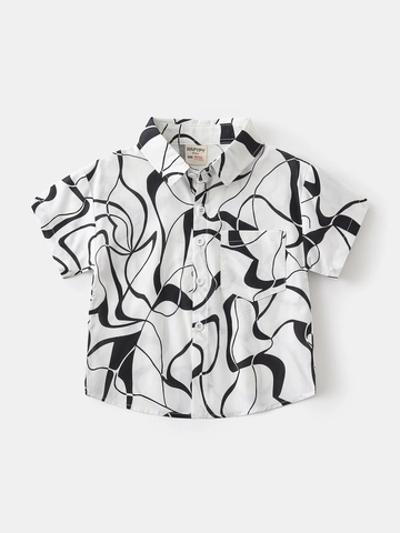 Camicia da Ragazzo in Cotone a Maniche Corte con Stampa Astratta Collo a Revers Moda Casual Estiva Top con Bottoni per Bambini