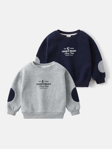 Felpa da Bambino in Misto Cotone con Stampa Tennis Pullover a Maniche Lunghe con Toppe sui Gomiti a Contrasto Sportivo
