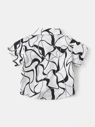 Camicia da Ragazzo in Cotone a Maniche Corte con Stampa Astratta Collo a Revers Moda Casual Estiva Top con Bottoni per Bambini