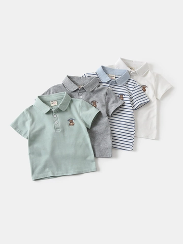 Boys Cotton Blend Short Sleeve Polo Shirt With Bear Embroidery Striped Casual Lapel Top For Kids Summer Wear