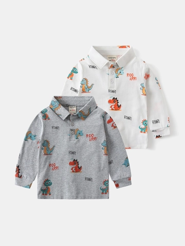 Toddler Boys Long Sleeve Polo Shirt All-over Cartoon Dinosaur Print Cotton Blend Lapel Casual Top Kids Fashion Clothes