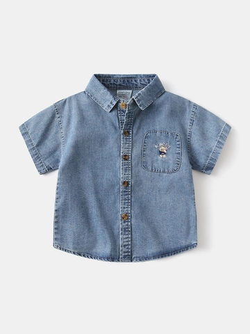 Jongens Denim Overhemd Katoen Casual Peuters Korte Mouw Top Met Knopen Gewassen Jeans Overhemd Met Beren Borduurwerk