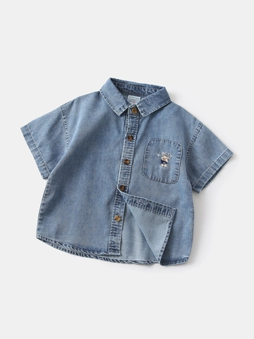 Jongens Denim Overhemd Katoen Casual Peuters Korte Mouw Top Met Knopen Gewassen Jeans Overhemd Met Beren Borduurwerk