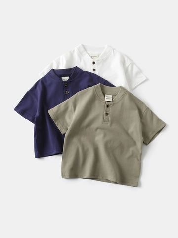 Boys Casual Short Sleeve Polo Shirt Cotton Blend Solid Color Button Henley Neck Top For Kids Breathable School Clothing