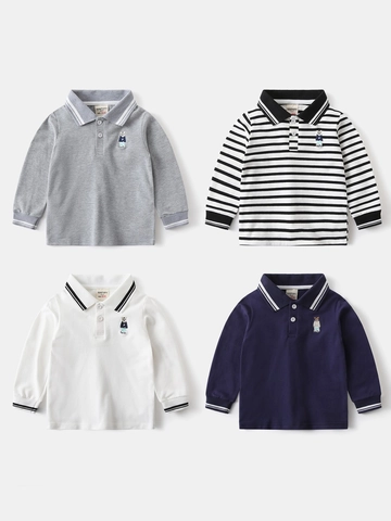Boys Casual Long Sleeve Polo Shirt With Cartoon Bear Embroidery Contrast Stripe Collar Cotton Blend Top For School Daily Wear