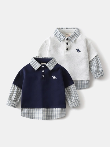 Boys Casual Cotton Blend Faux Two Piece Sweatshirt Plaid Collar Patchwork Long Sleeve Pullover British School Style Kids Top