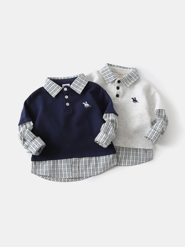 Boys Casual Cotton Blend Faux Two Piece Sweatshirt Plaid Collar Patchwork Long Sleeve Pullover British School Style Kids Top