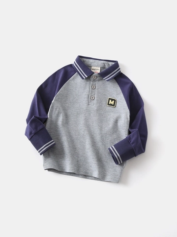 Polo a Manica Lunga da Ragazzo in Misto Cotone Patchwork Top con Applicazione Lettera e Colletto a Righe Casual per Bambini